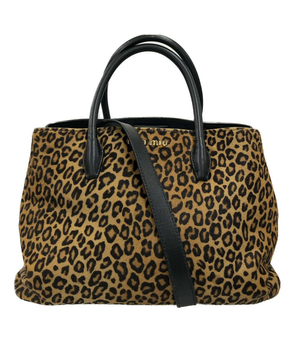 Miu Miu Leopard Print Leather Tote Bag Black Brown